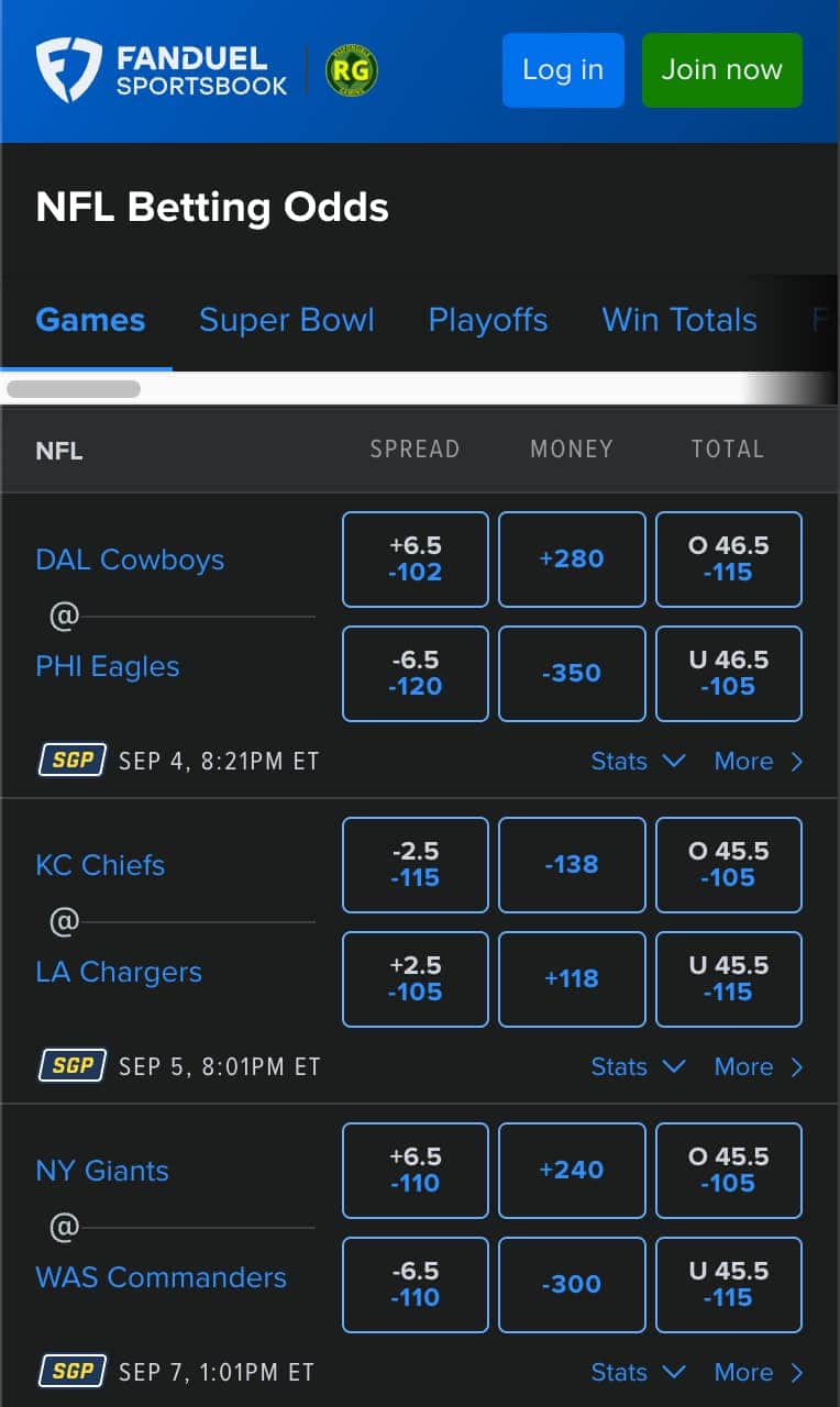 NFL betting at FanDuel Kentucky